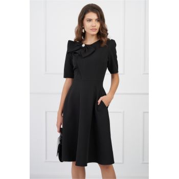 Rochie office neagra cu funda maxi pe bust