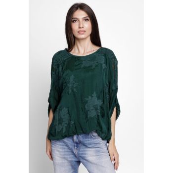 Bluza din matase naturala brodata, cu dantela pe spate, verde inchis