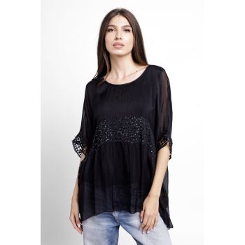 Bluza din matase naturala cu insertie de broderie cu paiete fine, neagra