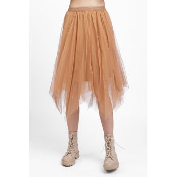 Fusta midi in colturi, din tulle camel