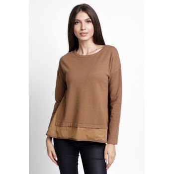 Pulover evazat cu angora, cu insertii laterale brodate, camel