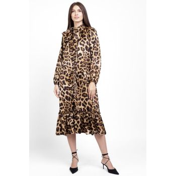 Rochie eleganta din satin, cu nasturei albi perlati si imprimeu animal print