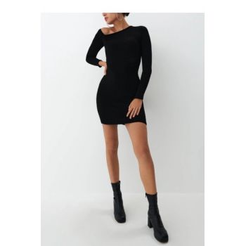 Rochie mini cu decolteu asimetric si cu maneca lunga, negru, dama, Mohito