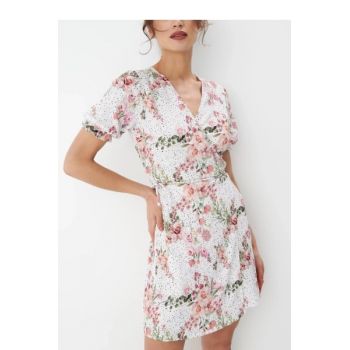 Rochie mini cu decolteu in V, imprimeu floral si maneca scurta, alb, dama, Mohito la reducere