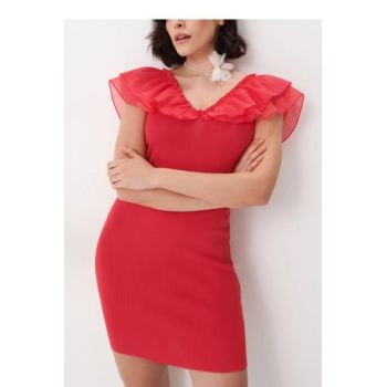 Rochie mini cu decolteu, maneci scurte cu volane, croi mulat, roz, dama, Mohito