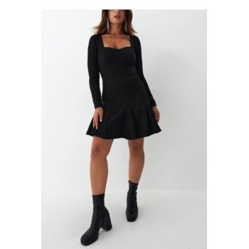 Rochie mini cu decolteu tip inima, maneca lunga si cu inchidere fermoar, negru, dama, Mohito