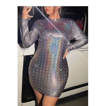 Rochie mini cu maneca lunga si efect holografic, argintiu, dama, Shein la reducere