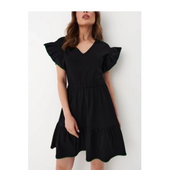 Rochie mini cu volan, maneca scurta si decolteu, negru, dama, Mohito