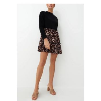 Rochie mini cu volane, imprimeu leopard si maneca lunga, negru, dama, Mohito