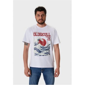 Tricou cu imprimeu si decolteu la baza gatului