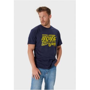 Tricou de bumbac cu imprimeu text si decolteu la baza gatului