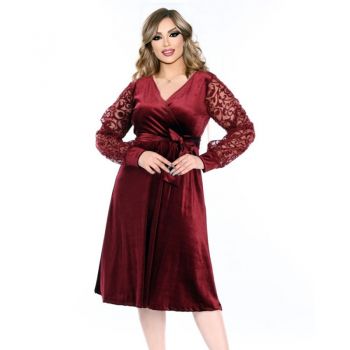 Rochie eleganta Melisa, din catifea, cu maneca de dantela, culoare bordo, cu decolteul petrecut 2127