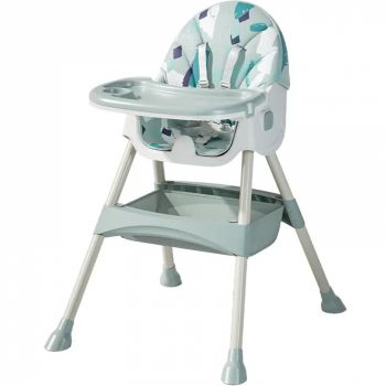 Scaun de masa bebe 4 in 1 FiGGA , Varsta 6-72 luni, Scaun inalt pliabil, cu 4 roti, Balansoar, 2 x Tava detasabila, Centura de siguranta in cinci puncte, Verde imprimeu