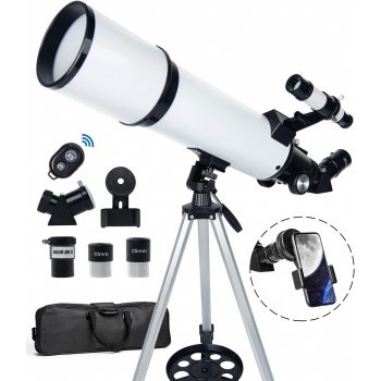 Telescop astronomic FiGGA , Trepied aluminiu inaltime 122 cm, Diametru obiectiv 80 mm, Distanta focala 600 mm, Adaptor telefon, Telecomanda wireless, Geanta de transport, Alb