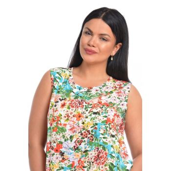 888140594-Bluza Dama fara Maneci cu Imprimeu Floral Albastru/ Portocaliu