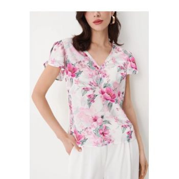 Bluza cu maneca scurta, cu imprimeu floral si decolteu, alb, dama, Mohito