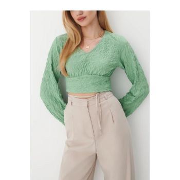 Bluza scurta cu decolteu si model, verde, dama, Mohito