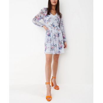 Rochie mini cu imprimeu floral, decolteu si maneca lunga. albastru, dama, Mohito la reducere