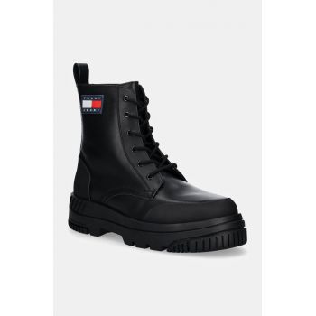 Tommy Jeans bocanci de piele TJM LACE UP LEATHER BOOT barbati, culoarea negru, EM0EM01511