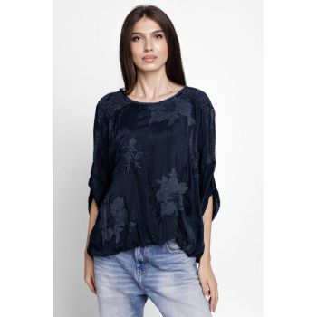 Bluza din matase naturala brodata, cu dantela pe spate, bleumarin