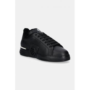 Philipp Plein sneakers din piele Nappa Lo-Top Fur Hexagon culoarea negru, USC0691 PLE075N 0202