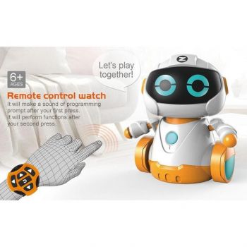 Robot inteligent cu roti, cu telecomanda tip ceas, robot de programare, alb