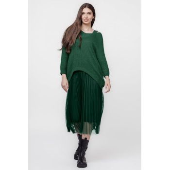 Rochie suprapusa cu puloveras cu maneca lunga si tulle plisat, verde inchis