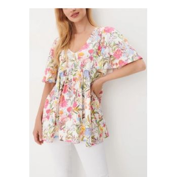 Bluza cu maneca scurta, decolteu si imprimeu floral, multicolor, dama, Mohito la reducere