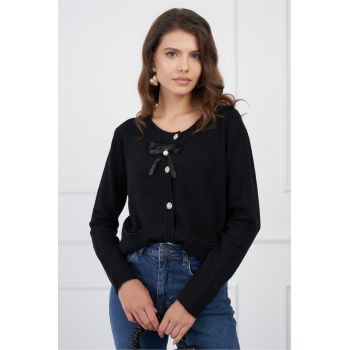 Bluza Kara neagra din tricot cu nasturi si funda