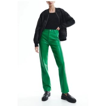 Pantaloni din piele ecologica, cu buzunare si fermoar, verde, dama, Reserved