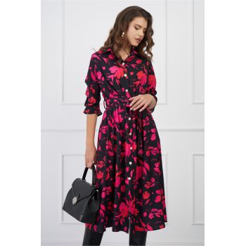 Rochie Bella neagra cu flori fucsia si cordon in talie