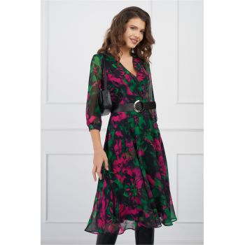 Rochie Eliada verde cu imprimeu fucsia si curea in talie