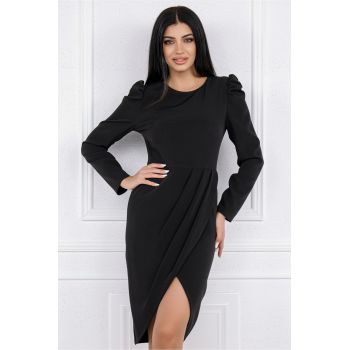 Rochie MGB neagra cu pliuri pe fusta si la umeri