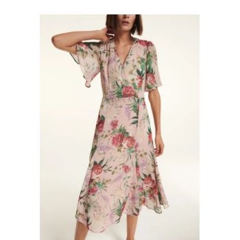 Rochie midi cu imprimeu floral, decolteu in V si maneci scurte, roz, dama, Reserved