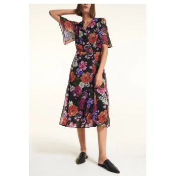 Rochie midi cu maneci fluture, imprimeu floral si decolteu petrecut, negru, dama, Reserved