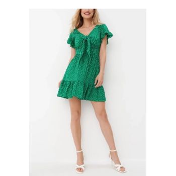 Rochie mini cu buline, volane si decolteu, verde, dama, Mohito