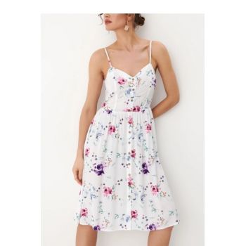 Rochie mini cu decolteu, bretele subtiri si imprimeu floral, alb, dama, Mohito la reducere