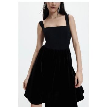 Rochie mini cu decolteu patrat si bretele, negru, dama, Reserved