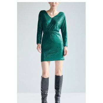 Rochie mini cu paiete, spatele gol si maneca lunga, verde, dama, Reserved