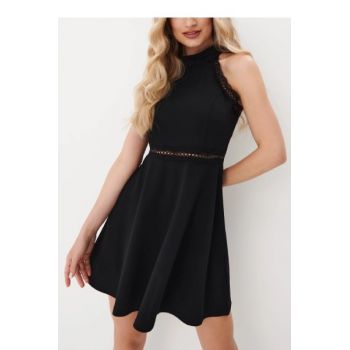 Rochie mini pe gat, cu aplicatii dantela, negru, dama, Mohito