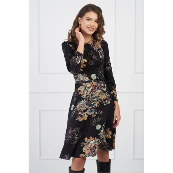 Rochie Miruna neagra cu imprimeuri florale bej si curea in talie