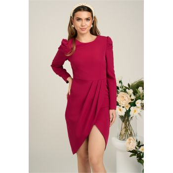 Rochie office din stofa magenta cu pliuri pe fusta si la umeri