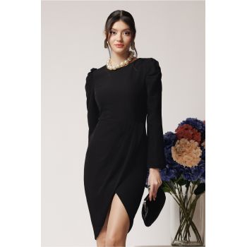 Rochie office din stofa neagra cu pliuri pe fusta si la umeri