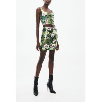 Fusta mini cu paiete si model floral, verde, dama, Reserved la reducere