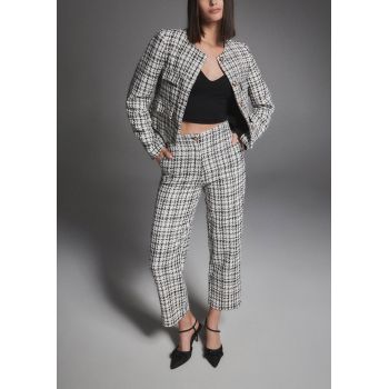 Pantaloni din tweed, cu buzunare si talie inalta, alb, dama, Reserved