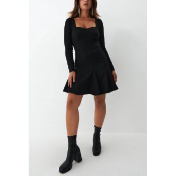 Rochie mini cu maneca lunga si decolteu, nergu, dama, Mohito