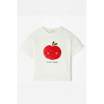 Tricou de bumbac cu model fructat cu paiete