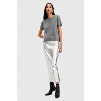 AllSaints fusta de piele RENAI PENCIL SKIRT culoarea argintiu, midi, drept, W070RB