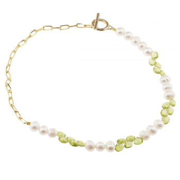 Colier peridot briolete 7mm si perle de cultura 8mm cu inox auriu