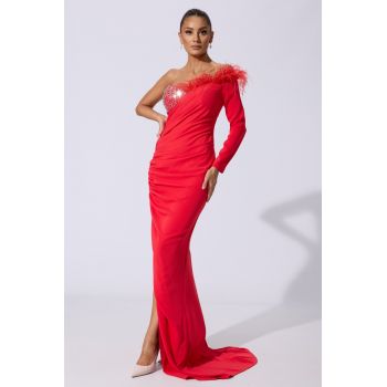 Rochie de ocazie premium tip one shoulder cu strass-uri si pene Fontaine Rosie